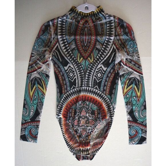 Best Cody 5020 Women's Sz M Multi 90s Vintage Sheer Aztec Print Bodysuit - Picture 8 of 9